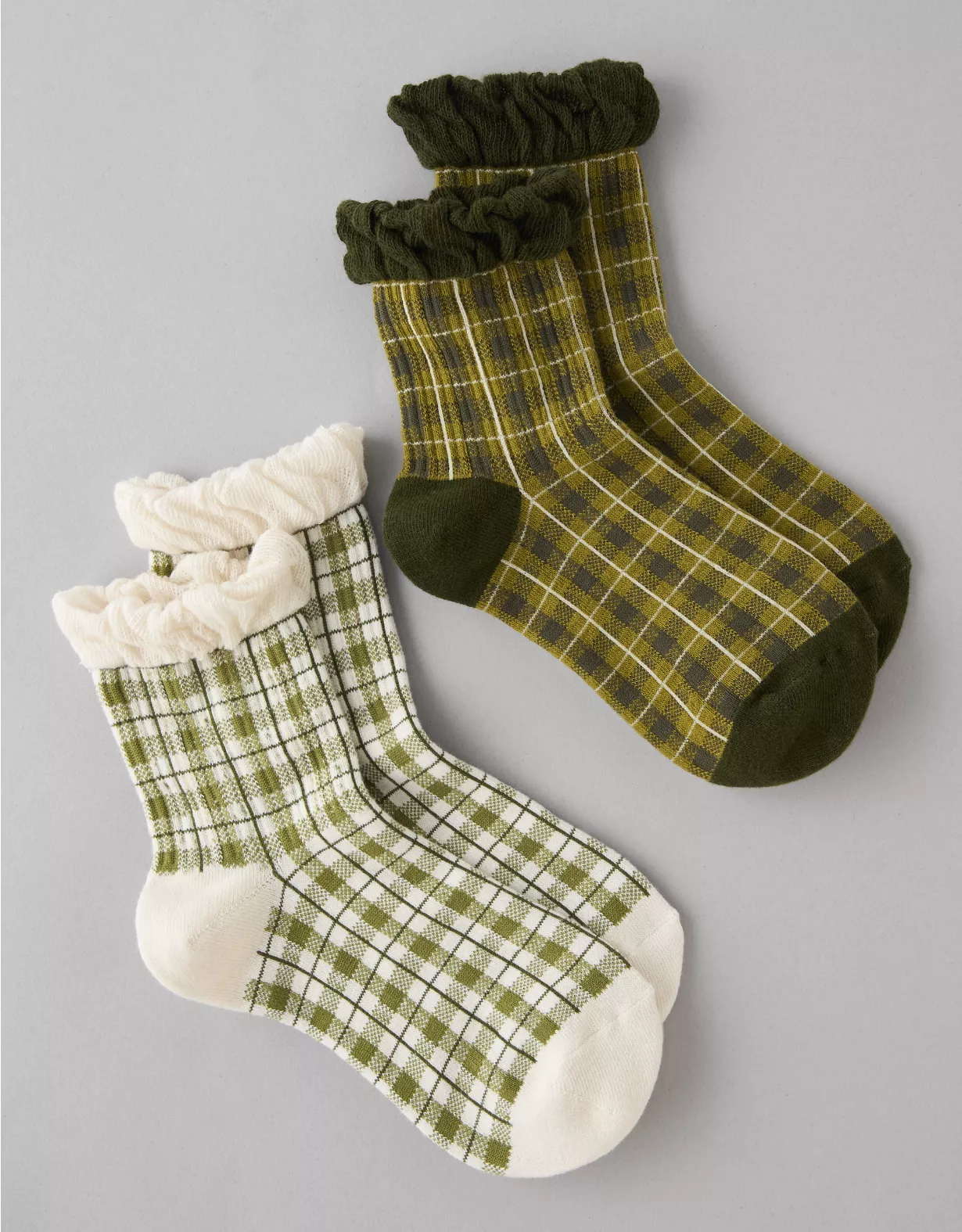 AE Plaid Ruffle Cropped Crew Socks 2-Pack Briar 1 AE Plaid Ruffle Cropped Crew Socks 2-Pack Briar