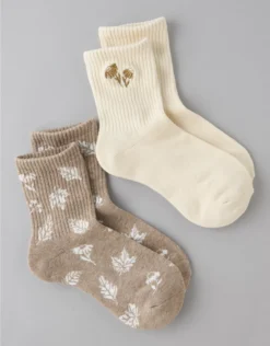 AE Daisies Cropped Crew Socks 2-Pack Latte
