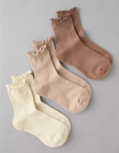 AE Ruffle Cropped Crew Socks 3-Pack Nude