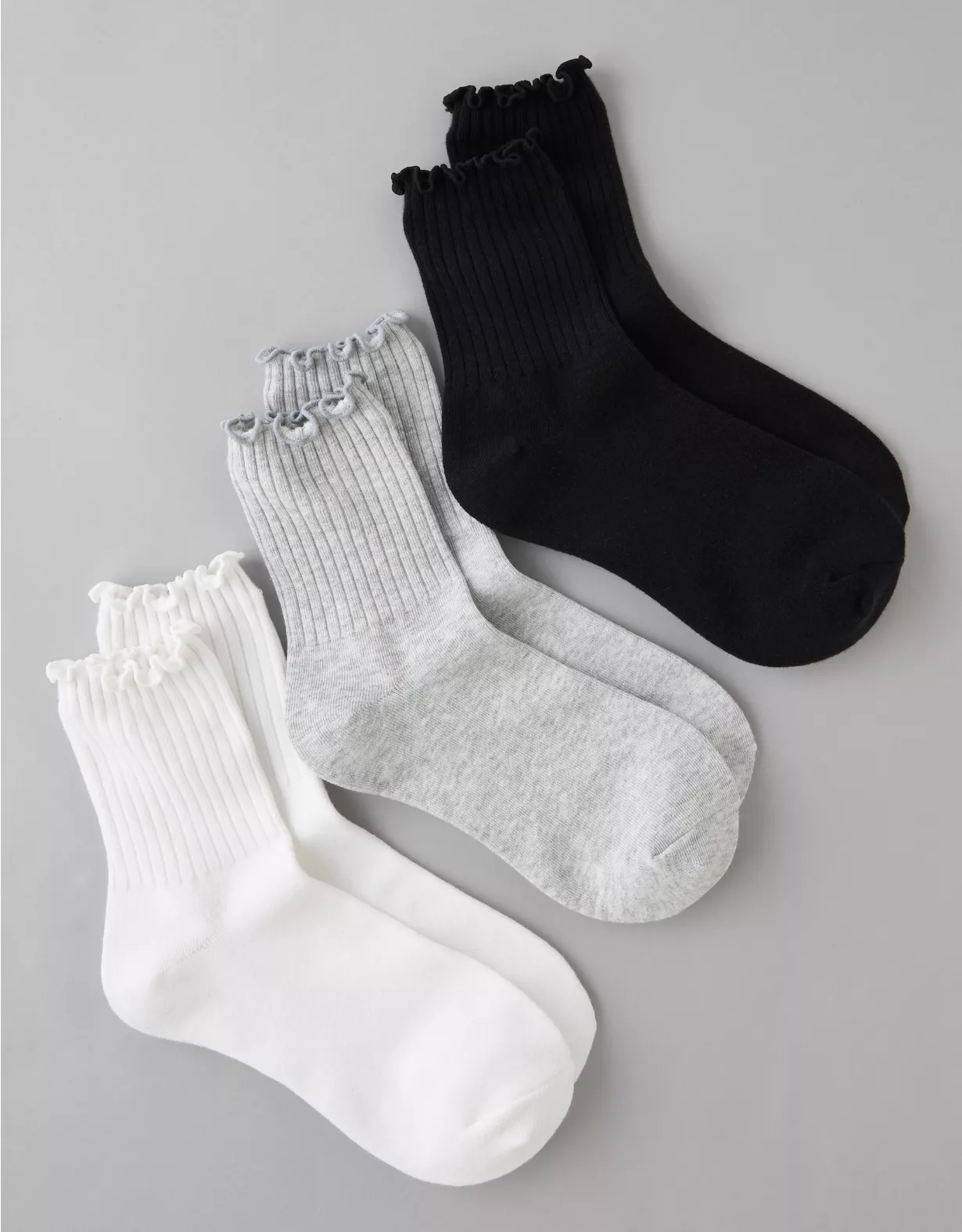 AE Ruffle Cropped Crew Socks 3-Pack Multi 1 AE Ruffle Cropped Crew Socks 3-Pack Multi