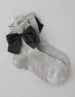 AE Satin Bow Cropped Crew Socks Charcoal Heather