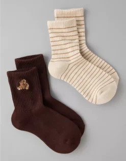 AE Teddy Bear Cropped Crew Socks 2-Pack Chocolate