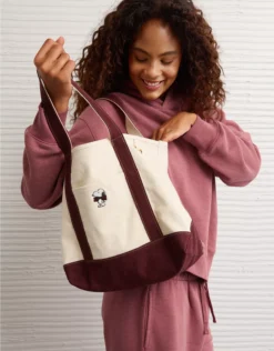 AE Cotton Canvas Snoopy Bow Tote Bag Burgundy1
