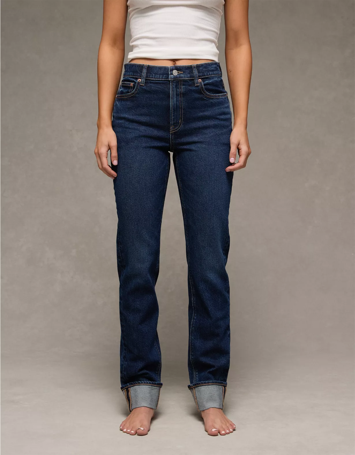 AE Stretch Super High-Waisted Straight Jean Dark Rinse 1 AE Stretch Super High-Waisted Straight Jean Dark Rinse