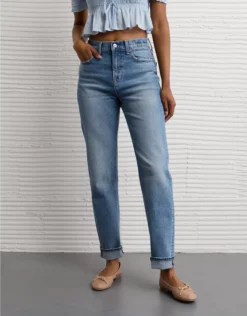 AE Stretch Super High-Waisted Ankle Straight Jean Medium Tinted