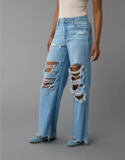 AE Dreamy Drape Stretch Ripped Super High-Waisted Baggy Wide-Leg Jean Horizon