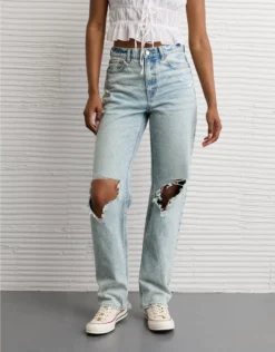 AE Strigid Ripped Super High-Waisted Baggy Straight Jean Destroyed Bright
