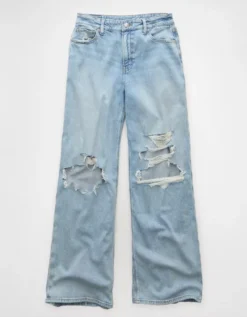 AE Dreamy Drapey Stretch Ripped Super High-Waisted Baggy Wide-Leg Jean Light Destroy Wash -American Eagle Fashion 0437 5818 508 f
