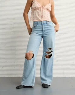 AE Dreamy Drapey Stretch Ripped Super High-Waisted Baggy Wide-Leg Jean Light Destroy Wash
