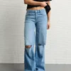 AE Dreamy Drape Stretch Ripped Low-Rise Baggy Wide-Leg Jean Indigo Skylight Destroy