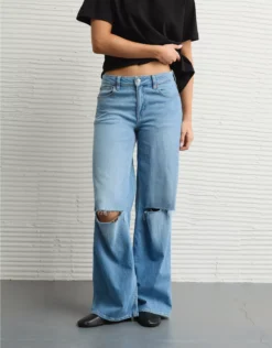 AE Dreamy Drape Stretch Ripped Low-Rise Baggy Wide-Leg Jean Indigo Skylight Destroy