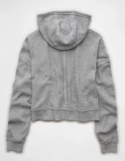 AE Cropped Waffle Zip-Up Hoodie Medium Heather Gray -American Eagle Fashion 0453 2654 012 b
