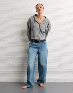 AE Cropped Waffle Zip-Up Hoodie Medium Heather Gray -American Eagle Fashion 0453 2654 012 d2