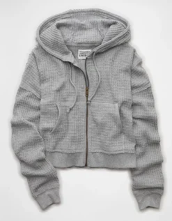 AE Cropped Waffle Zip-Up Hoodie Medium Heather Gray -American Eagle Fashion 0453 2654 012 f
