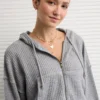 AE Cropped Waffle Zip-Up Hoodie Medium Heather Gray