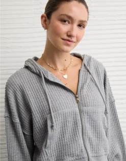 AE Cropped Waffle Zip-Up Hoodie Medium Heather Gray