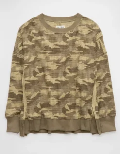 AE Big Hug Waffle Sweatshirt Camo Green -American Eagle Fashion 0453 2725 329 f