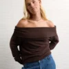 AE Foldover Off-The-Shoulder Sweatshirt Dark Brown