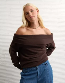 AE Foldover Off-The-Shoulder Sweatshirt Dark Brown