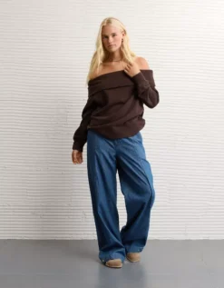 AE Foldover Off-The-Shoulder Sweatshirt Dark Brown -American Eagle Fashion 0453 2779 203 os