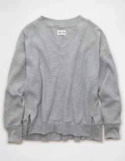 AE Big Hug V-Neck Waffle Sweatshirt Light Heather Gray -American Eagle Fashion 0453 2910 092 f