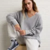 AE Big Hug V-Neck Waffle Sweatshirt Light Heather Gray