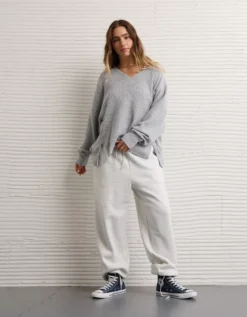 AE Big Hug V-Neck Waffle Sweatshirt Light Heather Gray -American Eagle Fashion 0453 2910 092 os