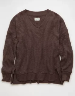 AE Big Hug V-Neck Waffle Sweatshirt Chocolate -American Eagle Fashion 0453 2910 285 f