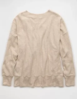 AE Big Hug V-Neck Waffle Sweatshirt Oatmeal Heather -American Eagle Fashion 0453 2910 864 b
