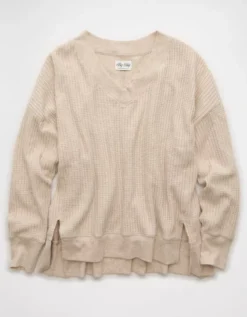 AE Big Hug V-Neck Waffle Sweatshirt Oatmeal Heather -American Eagle Fashion 0453 2910 864 f