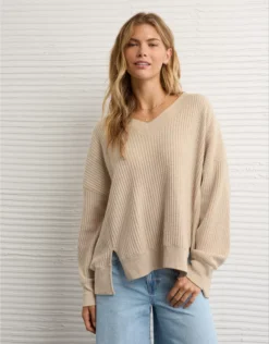 AE Big Hug V-Neck Waffle Sweatshirt Oatmeal Heather