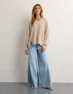 AE Big Hug V-Neck Waffle Sweatshirt Oatmeal Heather -American Eagle Fashion 0453 2910 864 os