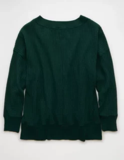 AE Big Hug V-Neck Waffle Sweatshirt Deep Forest -American Eagle Fashion 0453 2912 355 b