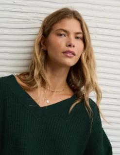 AE Big Hug V-Neck Waffle Sweatshirt Deep Forest -American Eagle Fashion 0453 2912 355 d2