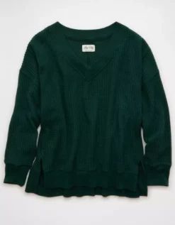 AE Big Hug V-Neck Waffle Sweatshirt Deep Forest -American Eagle Fashion 0453 2912 355 f