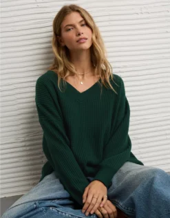 AE Big Hug V-Neck Waffle Sweatshirt Deep Forest