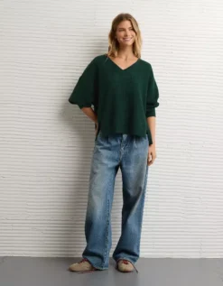 AE Big Hug V-Neck Waffle Sweatshirt Deep Forest -American Eagle Fashion 0453 2912 355 os