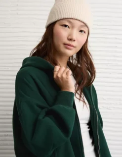 AE Everyday Luxe Barrel Sleeve Full Zip Hoodie Deep Forest -American Eagle Fashion 0453 2916 355 d2