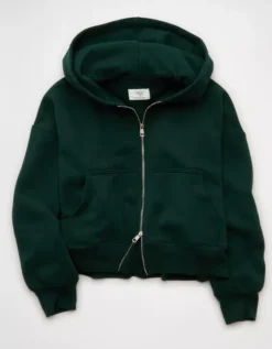 AE Everyday Luxe Barrel Sleeve Full Zip Hoodie Deep Forest -American Eagle Fashion 0453 2916 355 f