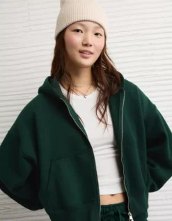 AE Everyday Luxe Barrel Sleeve Full Zip Hoodie Deep Forest -American Eagle Fashion 0453 2916 355 l2
