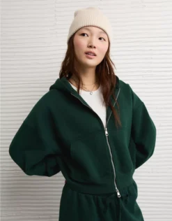 AE Everyday Luxe Barrel Sleeve Full Zip Hoodie Deep Forest