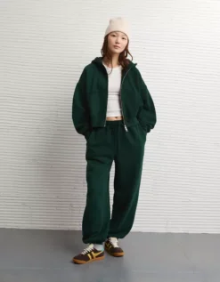 AE Everyday Luxe Barrel Sleeve Full Zip Hoodie Deep Forest -American Eagle Fashion 0453 2916 355 os