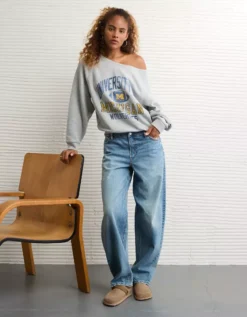 AE Michigan Wolverines Graphic Off The Shoulder Sweatshirt Gray Heather -American Eagle Fashion 0454 2727 069 os