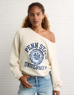 AE Penn State Nittany Lions Graphic Off The Shoulder Sweatshirt Natural White -American Eagle Fashion 0454 2729 140 os