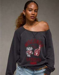 AE Wisconsin Badgers Graphic Off The Shoulder Sweatshirt Faded Black