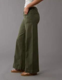 AE Dreamy Drape Stretch Low-Rise Baggy Wide-Leg Pant Olive -American Eagle Fashion 0461 5440 309 os