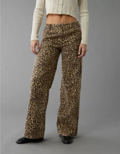 AE Stretch Leopard Low-Rise Baggy Wide-Leg Pant Brown