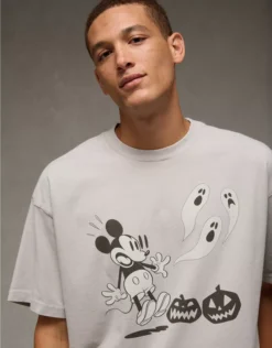 AE Boxy Halloween Mickey Mouse Graphic T-Shirt Grey Camo