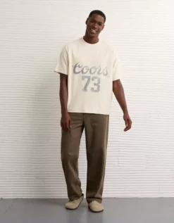 AE Boxy Coors Banquet Graphic T-Shirt Bone Khaki -American Eagle Fashion 0519 4869 210 os