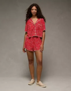 AE Floral Button-Up Shirt Berry -American Eagle Fashion 0536 6345 669 os